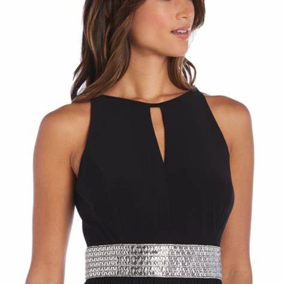 NAVY JUMPSUIT DRESS - R & M Richards Gorgeous Rhinestone Belt and Sheer Dress - Picture 3 of 7